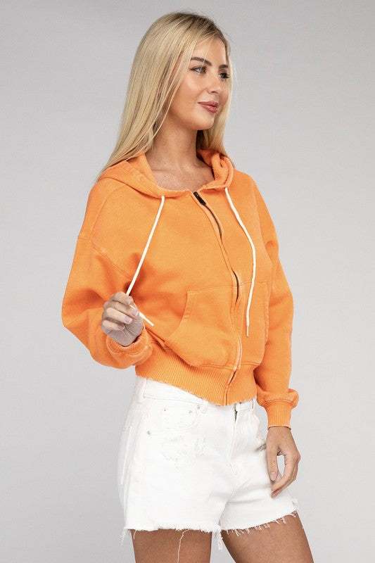 Acid Wash Fleece Cropped Zip-Up Hoodie in orange with drawstring hood and pockets.