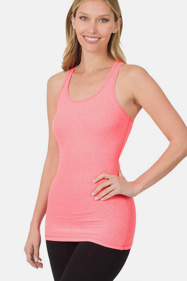 Zenana Stretchy Ribbed Knit Racerback Tank in pink modeled on a woman, showcasing sporty design and flattering fit.