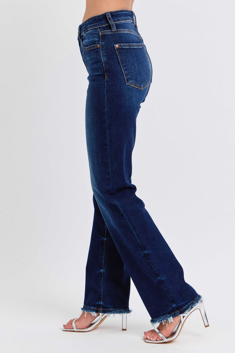 Judy Blue Full Size Raw Hem Straight Leg Jeans with slightly stretchy denim and raw hem detail.