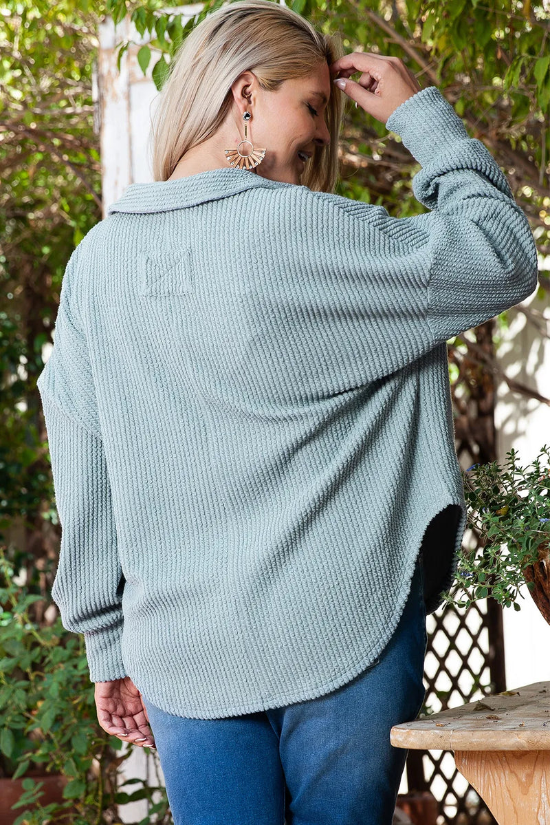 Plus size textured Johnny collar long sleeve sweatshirt in light blue worn outdoors.