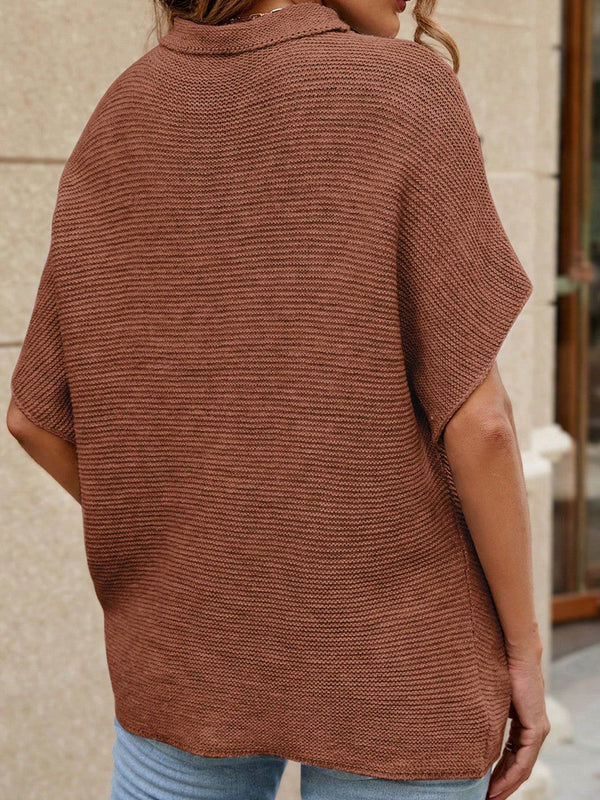 Mock Neck Short Sleeve Sweater, brown, acrylic-rayon blend, back view.