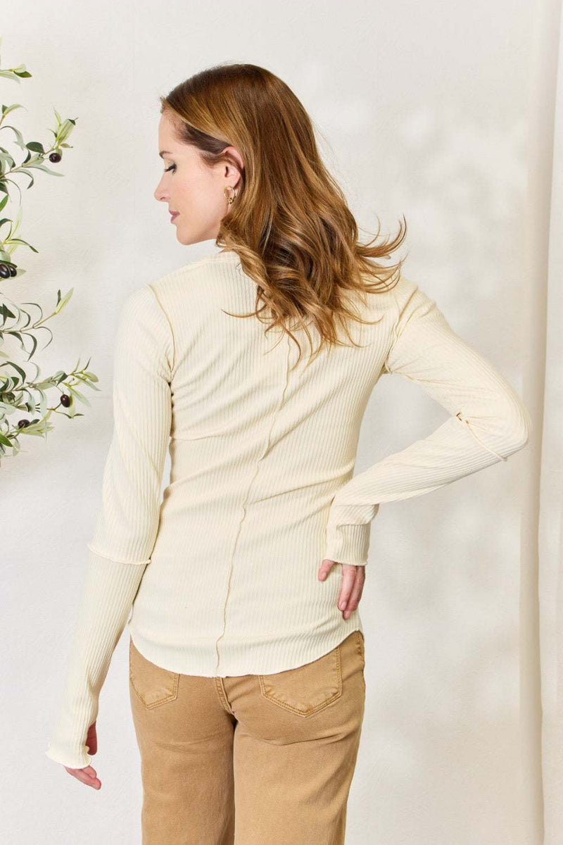 Culture Code ribbed long sleeve top, round neck, beige, back view, worn by model.