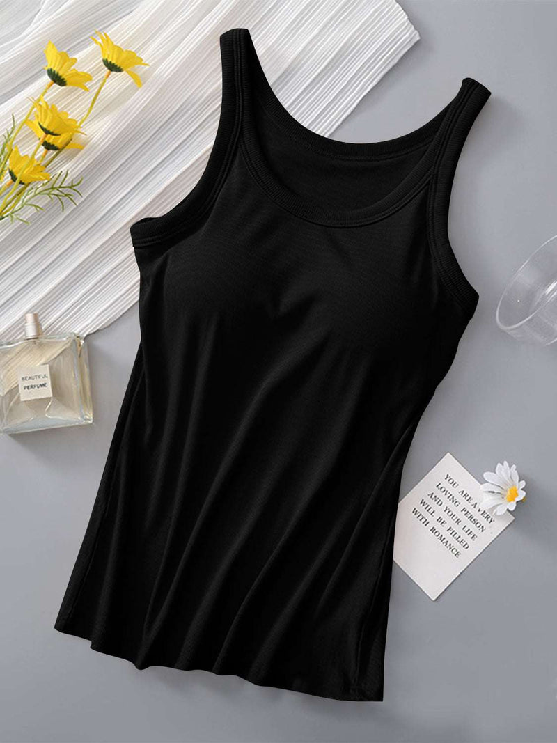 Black round neck tank with built-in bra on a gray background.