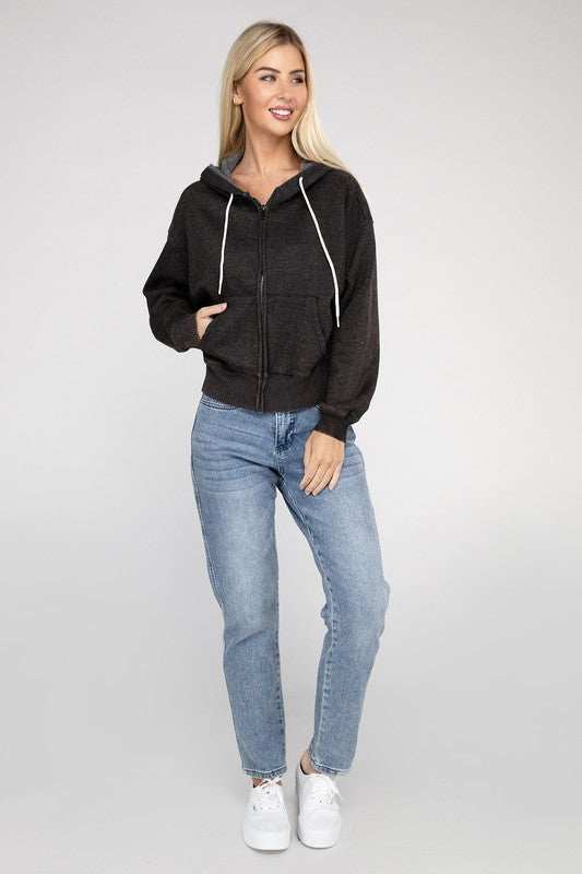 Acid Wash Fleece Cropped Zip-Up Hoodie with Drawstring Hood and Pockets