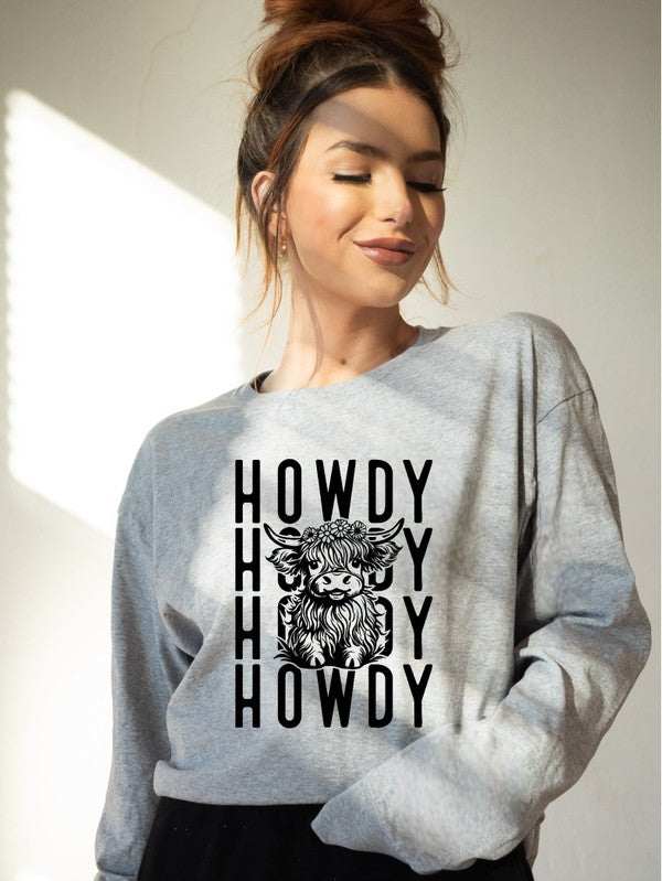 Howdy Repeat Cow Graphic Crew SweatshirtHowdy Repeat Cow Graphic Crew Sweatshirt 8.0 oz. pre-shrunk fleece50% cotton / 50% polyester Fabric Contents: Cotton/PolyOcean and 7thKlondike Creek Unique BoutiqueHowdy Repeat Cow Graphic Crew Sweatshirt