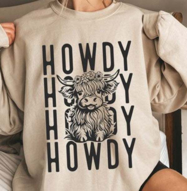 Howdy Repeat Cow Graphic Crew SweatshirtHowdy Repeat Cow Graphic Crew Sweatshirt 8.0 oz. pre-shrunk fleece50% cotton / 50% polyester Fabric Contents: Cotton/PolyOcean and 7thKlondike Creek Unique BoutiqueHowdy Repeat Cow Graphic Crew Sweatshirt
