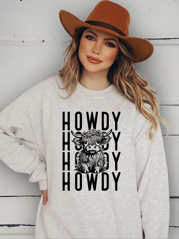 Howdy Repeat Cow Graphic Crew SweatshirtHowdy Repeat Cow Graphic Crew Sweatshirt 8.0 oz. pre-shrunk fleece50% cotton / 50% polyester Fabric Contents: Cotton/PolyOcean and 7thKlondike Creek Unique BoutiqueHowdy Repeat Cow Graphic Crew Sweatshirt