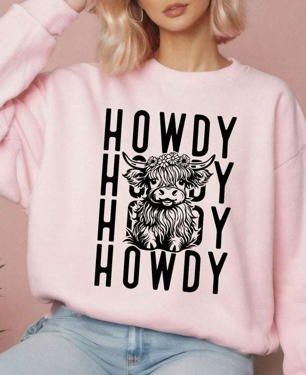 Howdy Repeat Cow Graphic Crew SweatshirtHowdy Repeat Cow Graphic Crew Sweatshirt 8.0 oz. pre-shrunk fleece50% cotton / 50% polyester Fabric Contents: Cotton/PolyOcean and 7thKlondike Creek Unique BoutiqueHowdy Repeat Cow Graphic Crew Sweatshirt