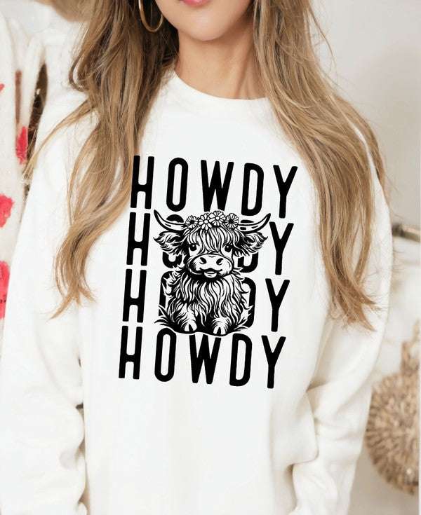 Howdy Repeat Cow Graphic Crew SweatshirtHowdy Repeat Cow Graphic Crew Sweatshirt 8.0 oz. pre-shrunk fleece50% cotton / 50% polyester Fabric Contents: Cotton/PolyOcean and 7thKlondike Creek Unique BoutiqueHowdy Repeat Cow Graphic Crew Sweatshirt
