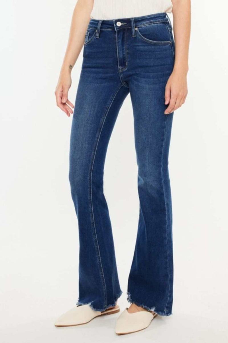 Kancan Cat's Whiskers Raw Hem Flare Jeans with flattering silhouette and distressed details.