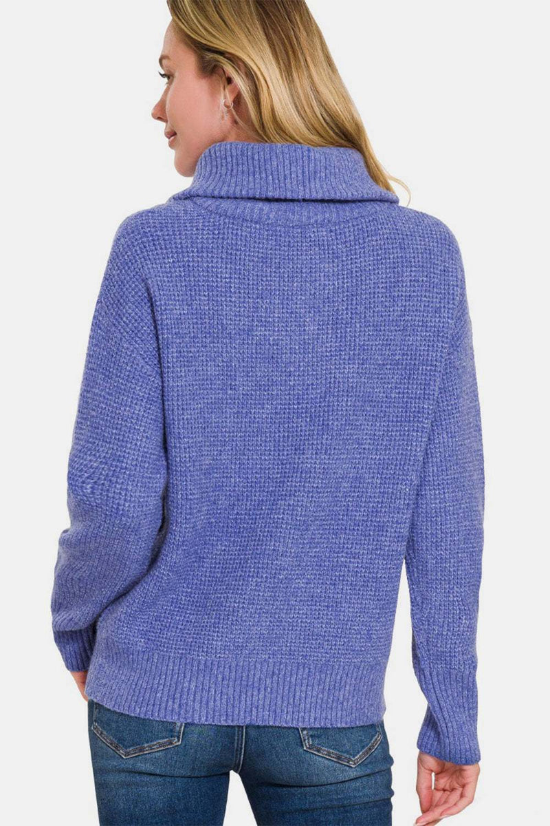Zenana Half Zip Long Sleeve Sweater in blue, rear view.