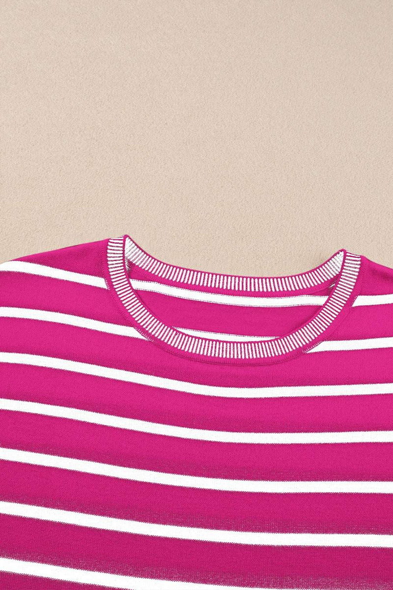 Striped round neck cap sleeve knit top in pink and white.