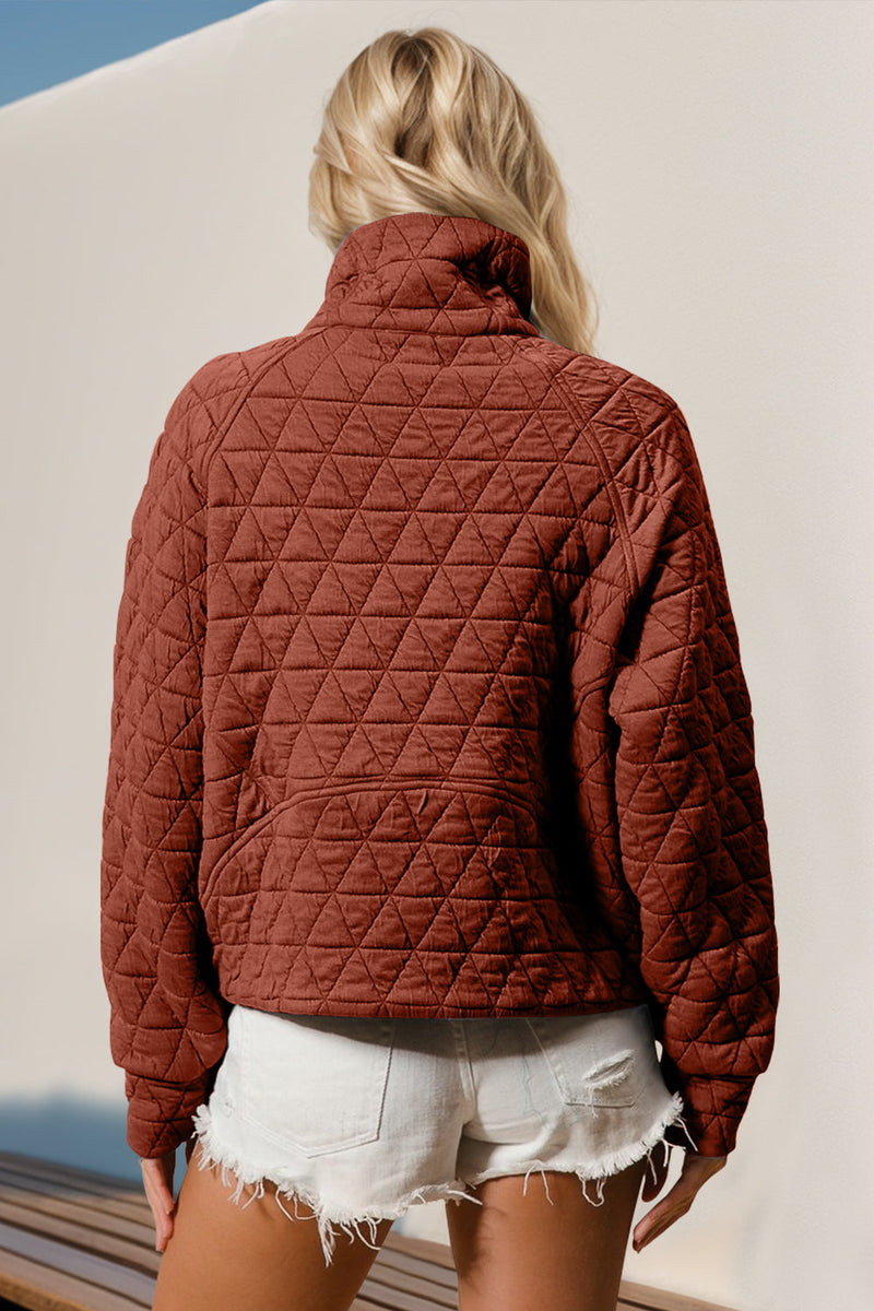 Half zip long sleeve quilted sweatshirt with pocket, shown in back view.