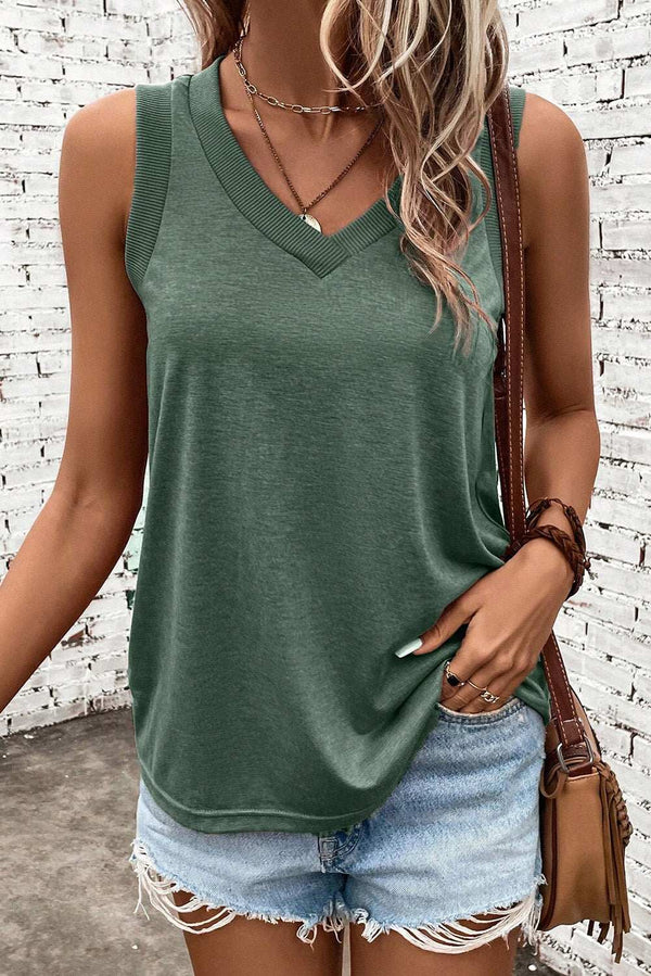 V-Neck Wide Strap Tank in green, sleeveless, paired with denim shorts.