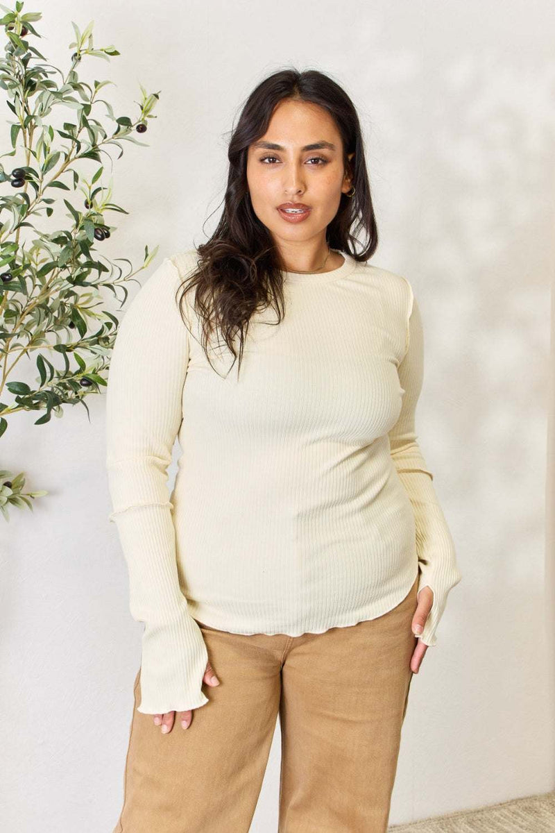 Culture Code full size ribbed round neck long sleeve top in cream.