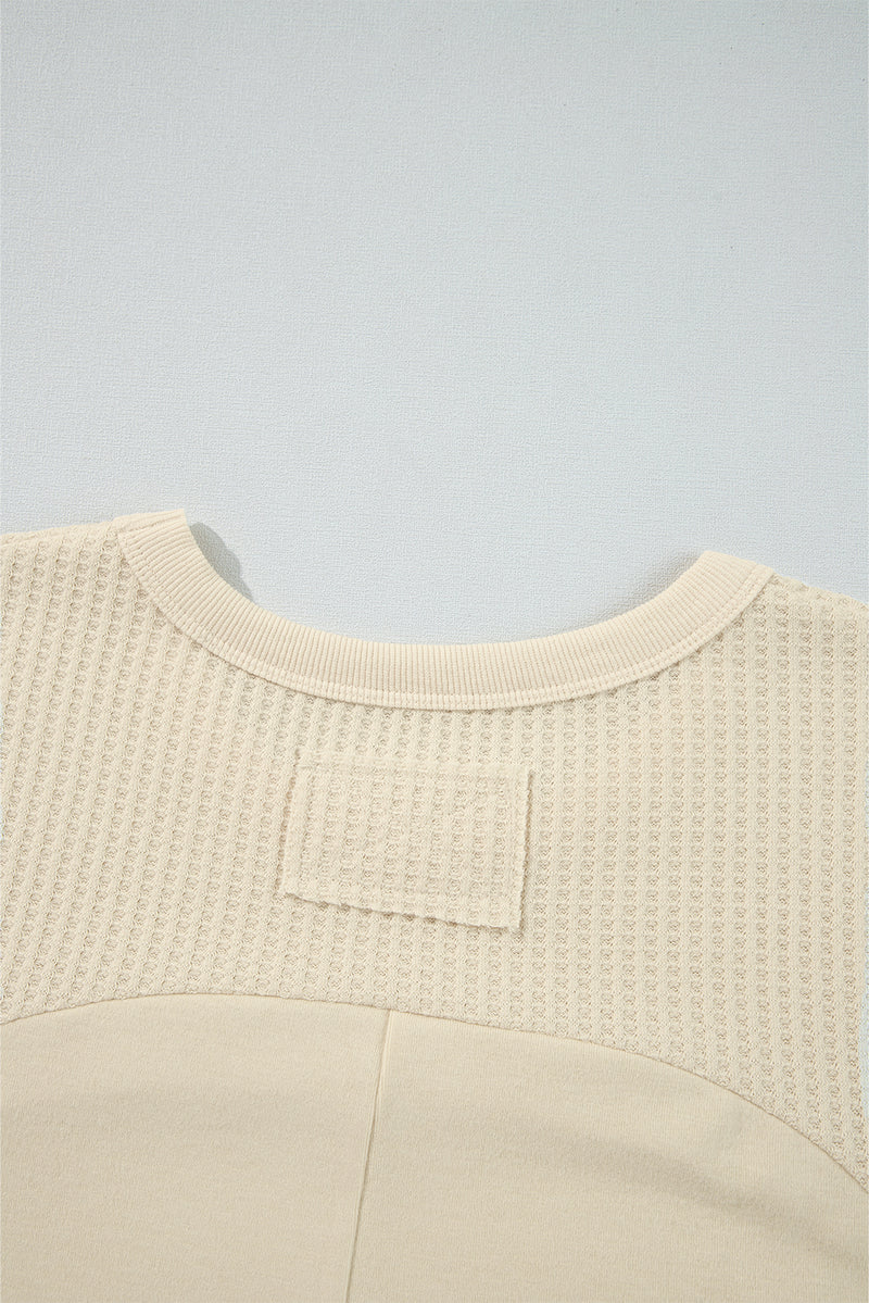 Beige Thermal Knit Patchwork Exposed Seam Long Sleeve Top