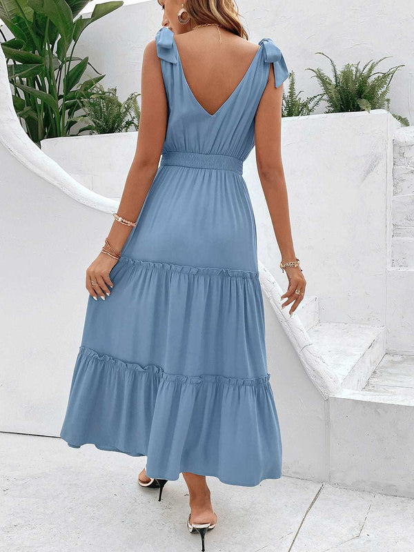 Perfee tie shoulder sleeveless smocked waist tiered dress in blue.