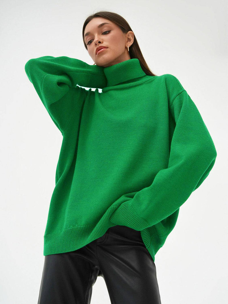 Green turtleneck long sleeve sweater worn by a model.
