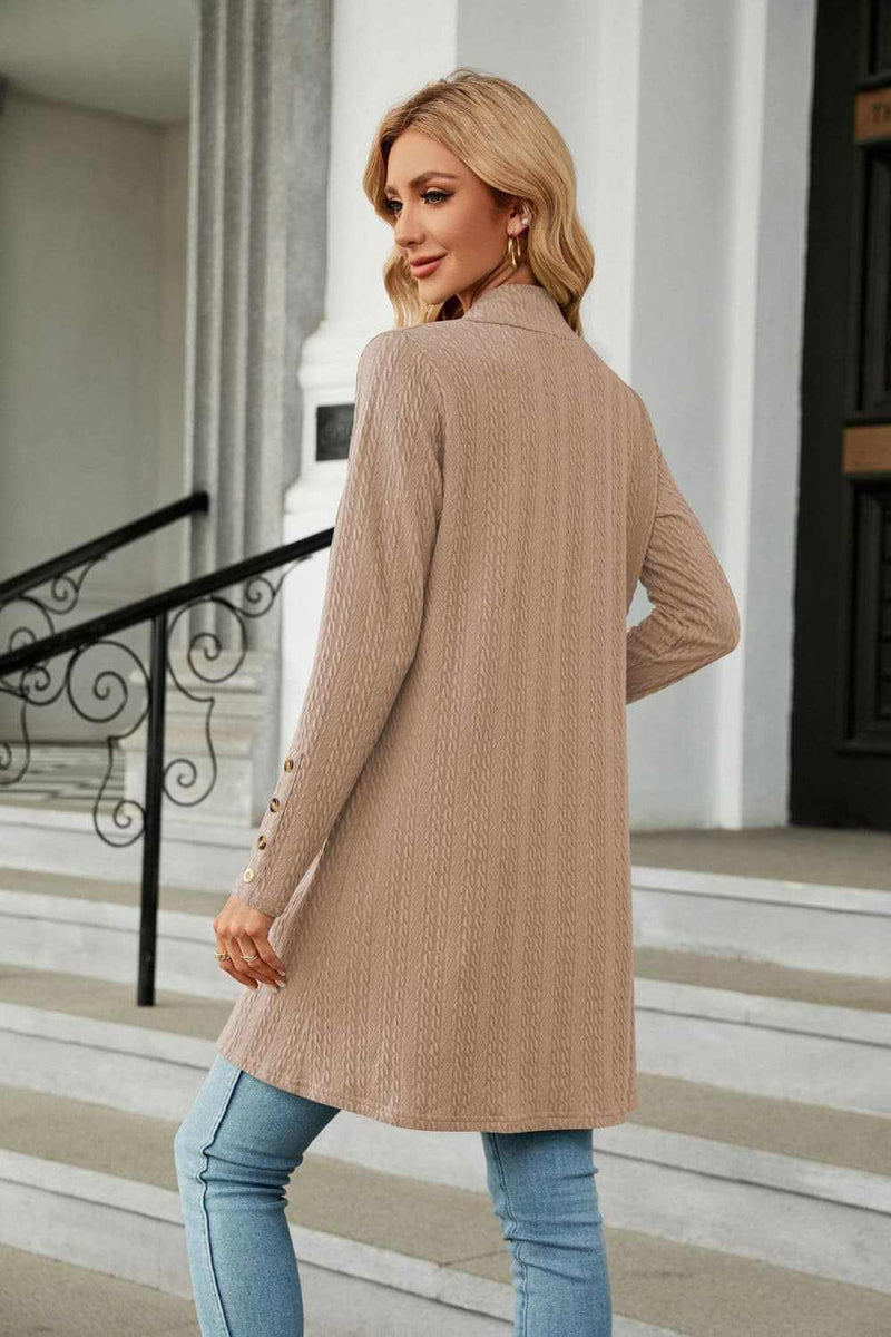Long Sleeve Open Front Cardigan in solid color, casual style, slightly stretchy fabric.