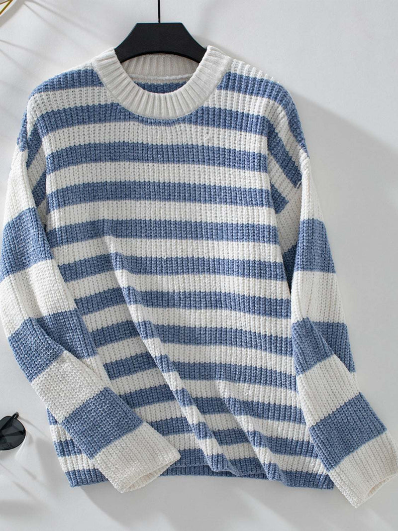 Striped round neck long sleeve sweater, basic style, blue and white, 100% polyester.