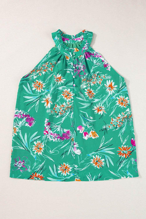 Frill Printed Grecian Tank with floral design and buttoned front.