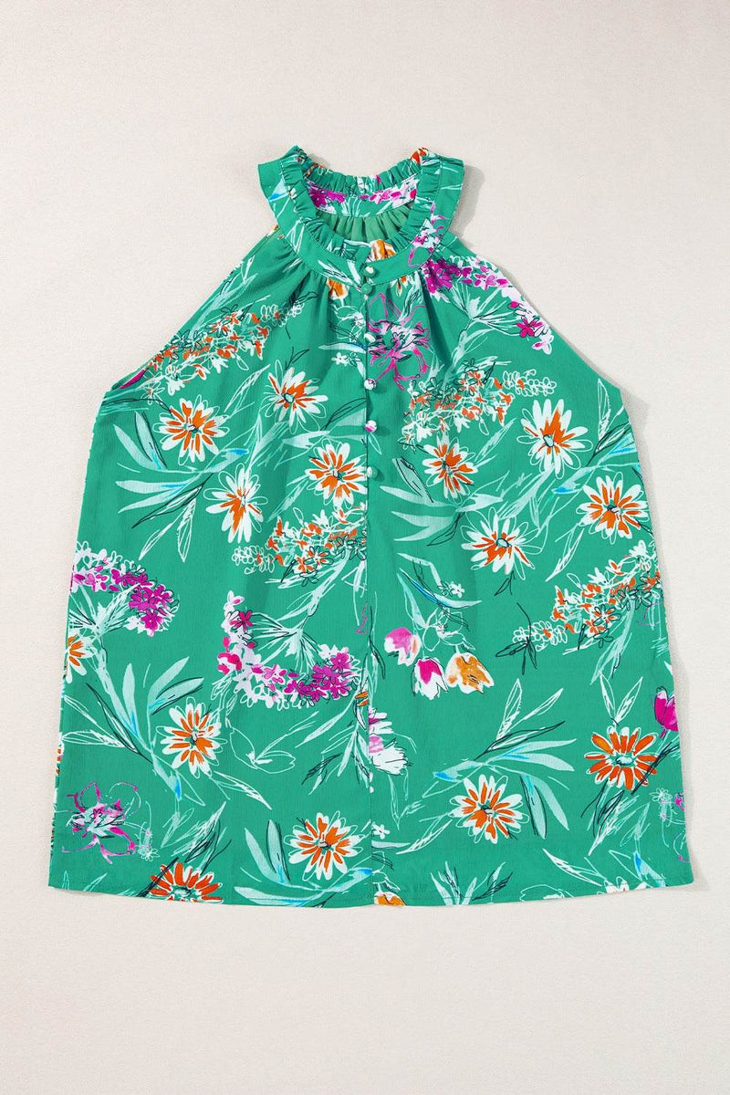 Frill Printed Grecian Tank with floral design and buttoned front.