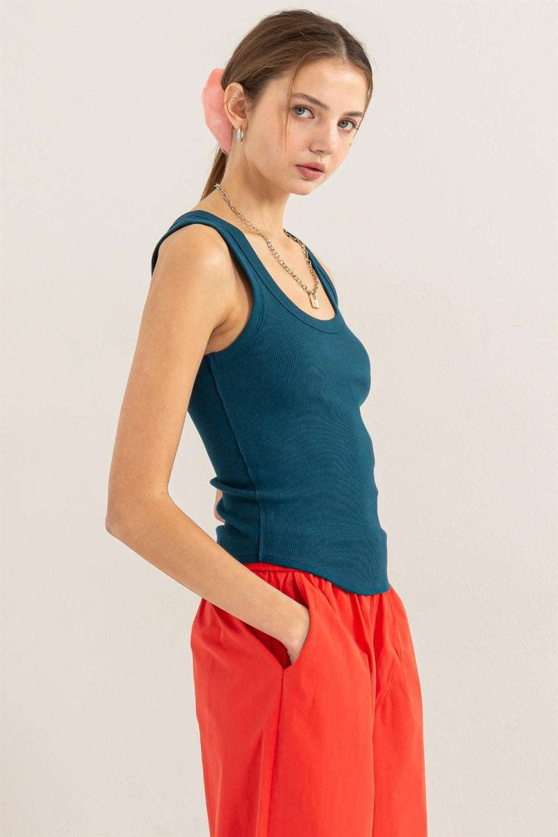 HYFVE Ribbed Scoop Neck Racerback Tank in teal with a flattering fit.