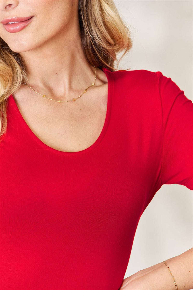 Red round neck short sleeve bodysuit, moderate stretch, true to size fit.