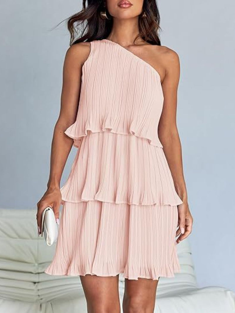 Layered single shoulder mini dress with ruffled design in pink.