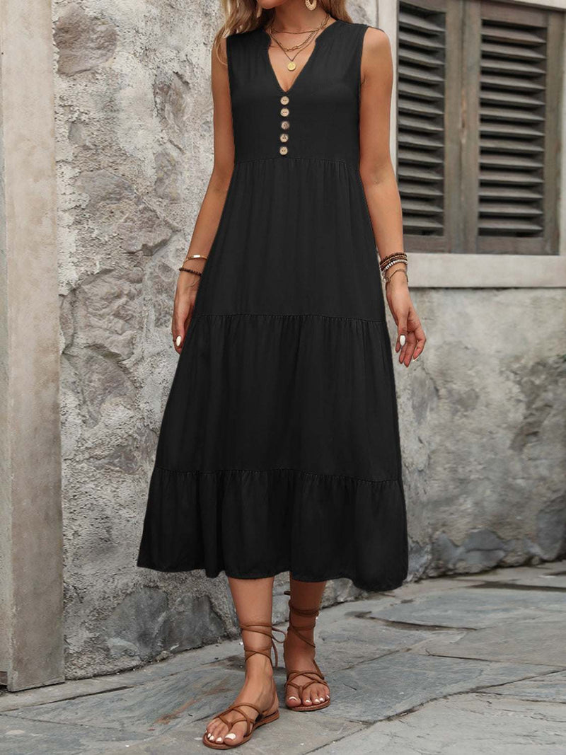Ivy Lane black sleeveless dress with decorative buttons, cotton material.