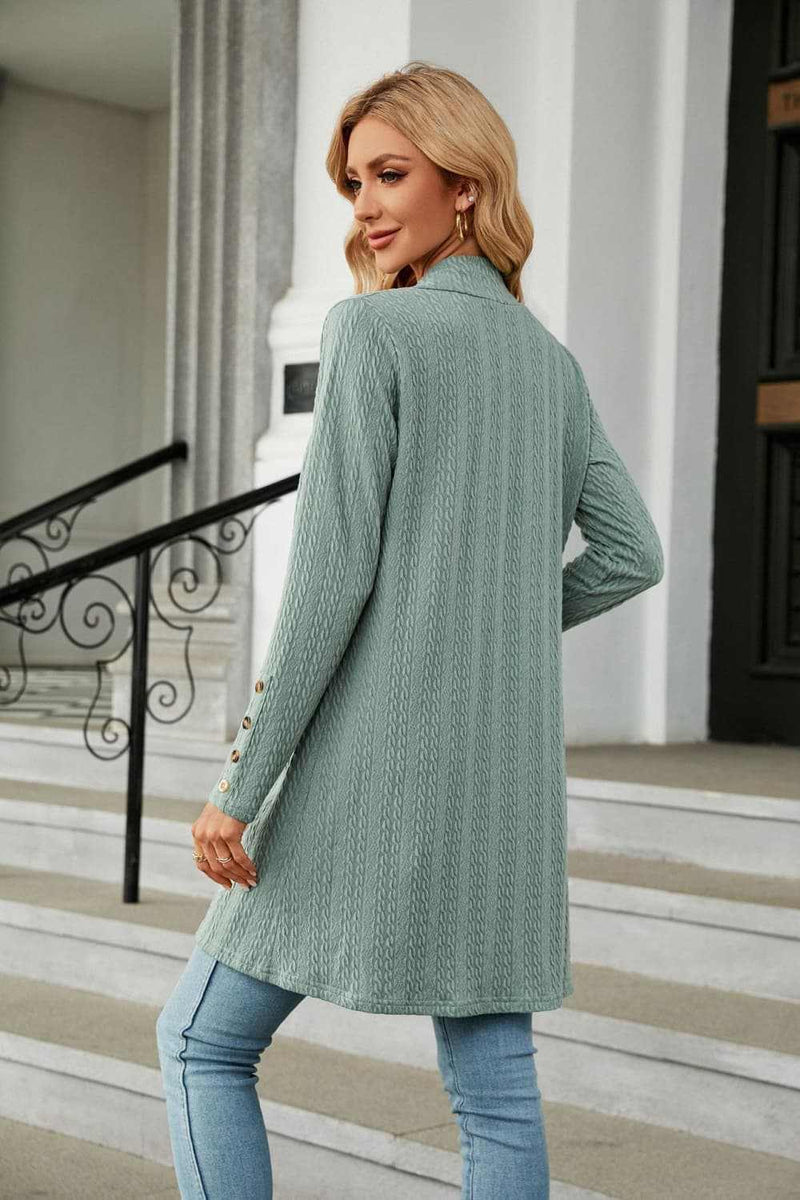 Long sleeve open front cardigan, solid pattern, casual style, long length, slightly stretchy.
