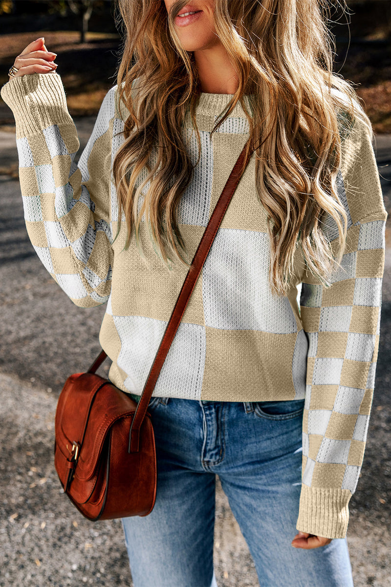 Mint Green Checkered Print Drop Shoulder Sweater