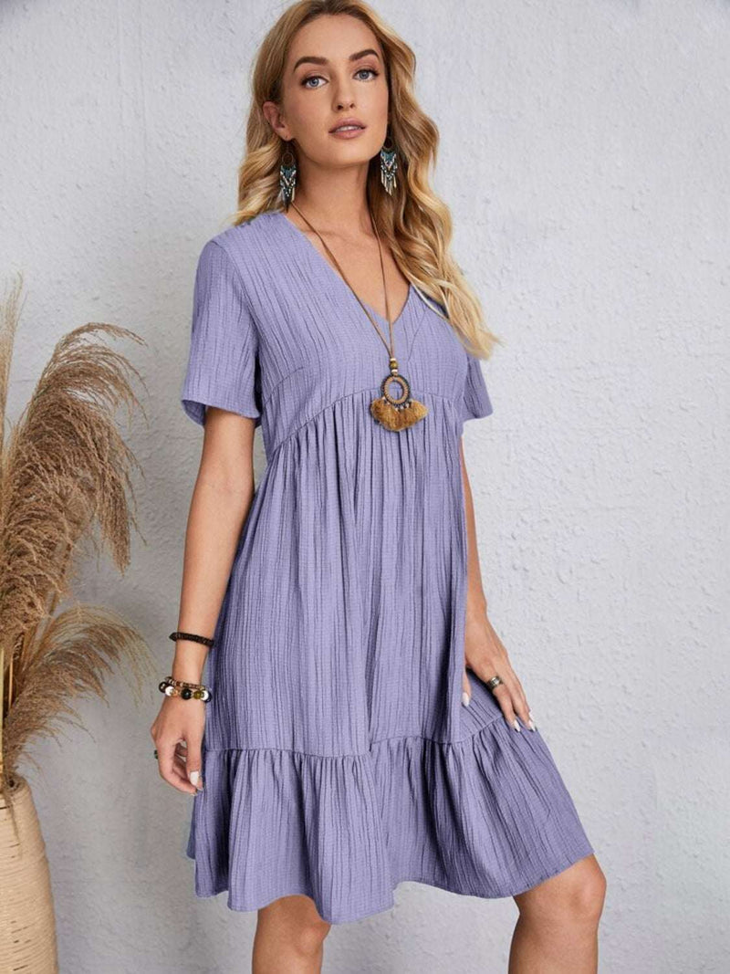 Full Size V-Neck Short Sleeve Dress in purple, basic style, opaque, 100% polyester, machine washable.