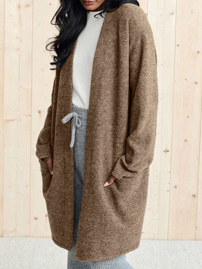 Open front long sleeve cardigan with pockets in brown, featuring a moderate stretch and made from 100% acrylic.