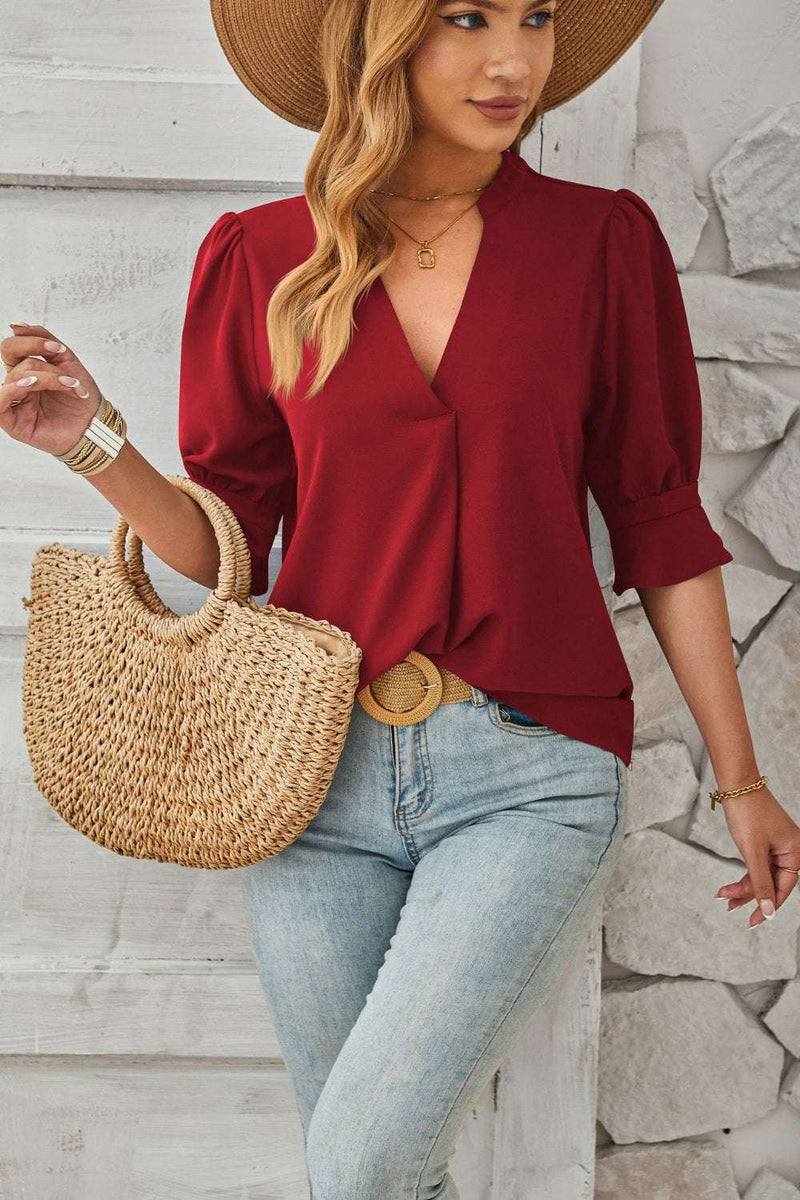 Notched Half Sleeve BlouseFeatures: Basic style
Sheer: Opaque
Stretch: No stretch
Material composition: 100% polyester
Care instructions: Machine wash cold. Tumble dry low.
Imported


Size
USAll TopsTrendsiKlondike Creek Unique BoutiqueNotched Half Sleeve Blouse