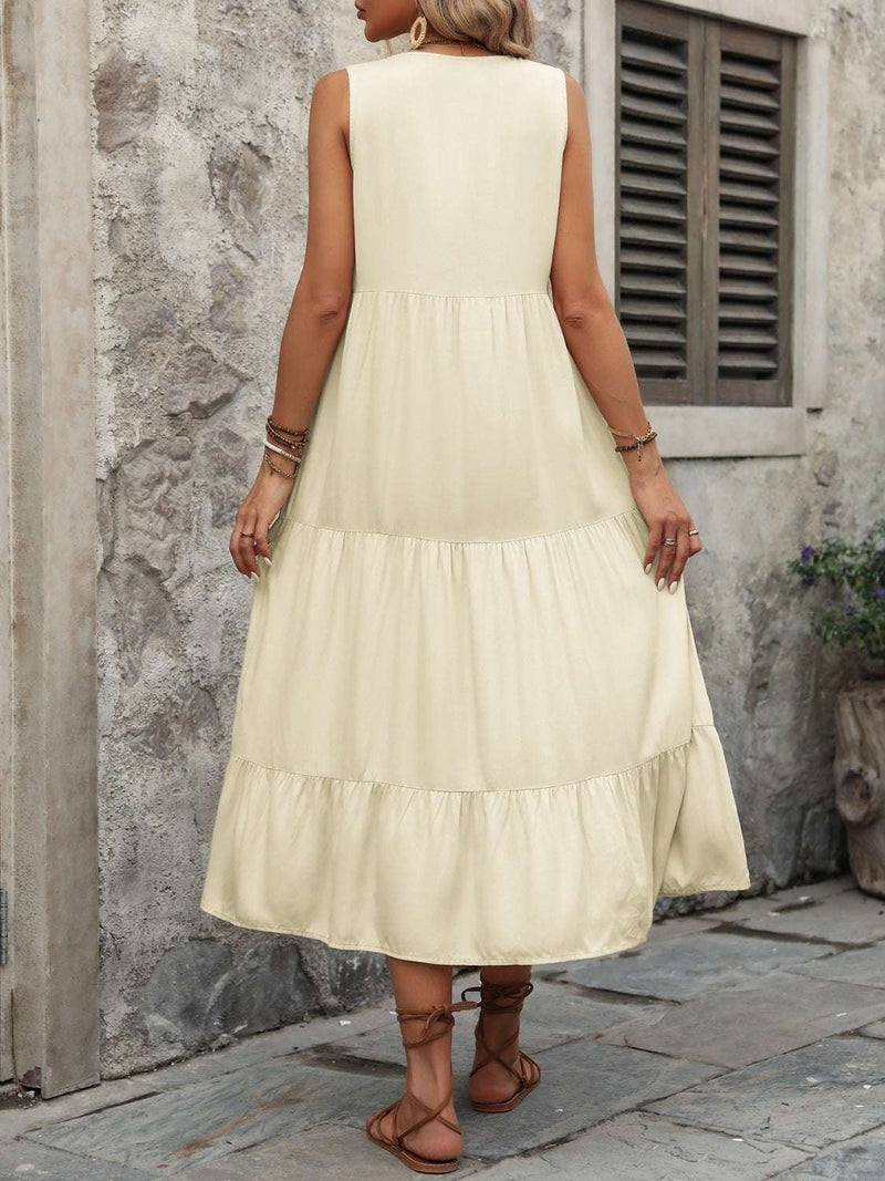 Ivy Lane Decorative Button Notched Sleeveless Dress, cotton, back view, casual wear.