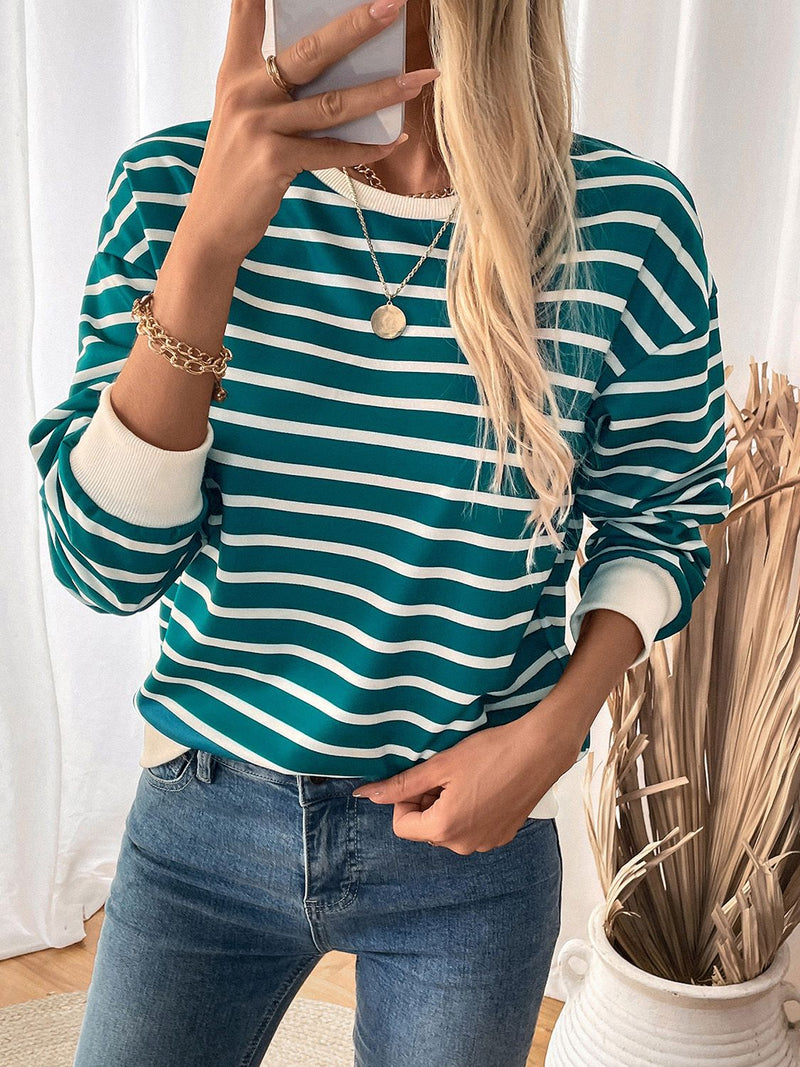 Perfee Striped Contrast Round Neck Long Sleeve Sweatshirt in teal and white.