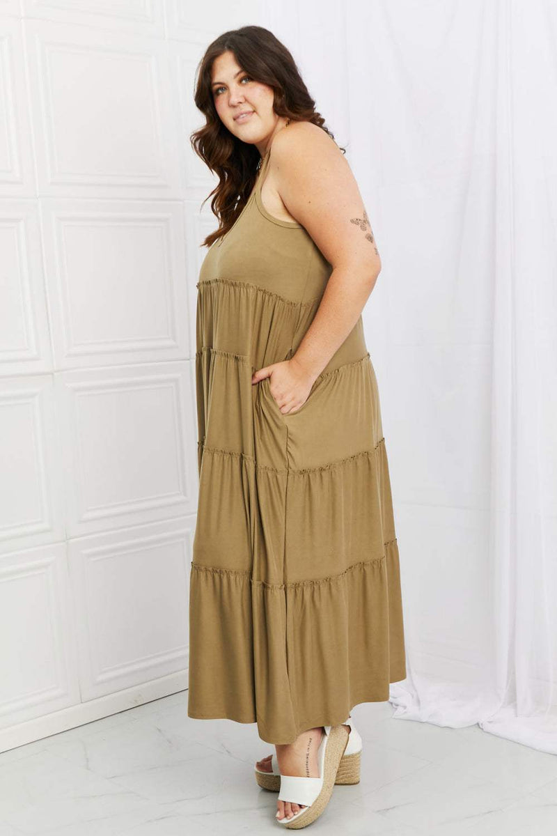 Khaki tiered maxi dress with spaghetti straps and pockets by Zenana.