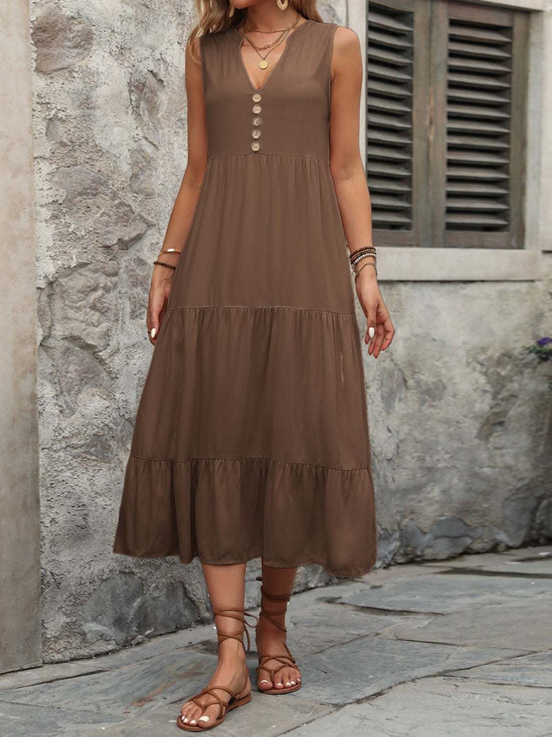 Ivy Lane decorative button notched sleeveless dress in brown, 100% cotton, knee-length, slightly stretchy.