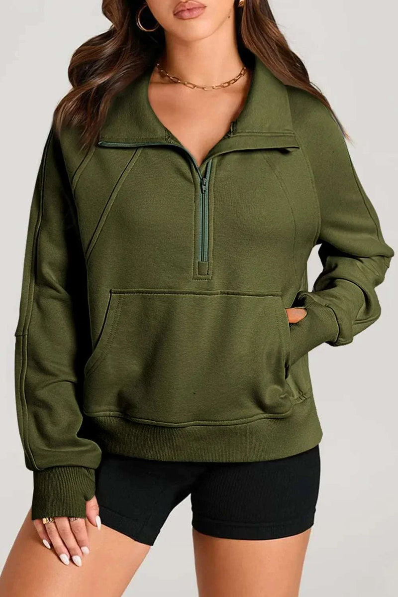 Half Zip Long Sleeve Sweatshirt in olive green color, featuring a soft fabric and stylish half zip design.