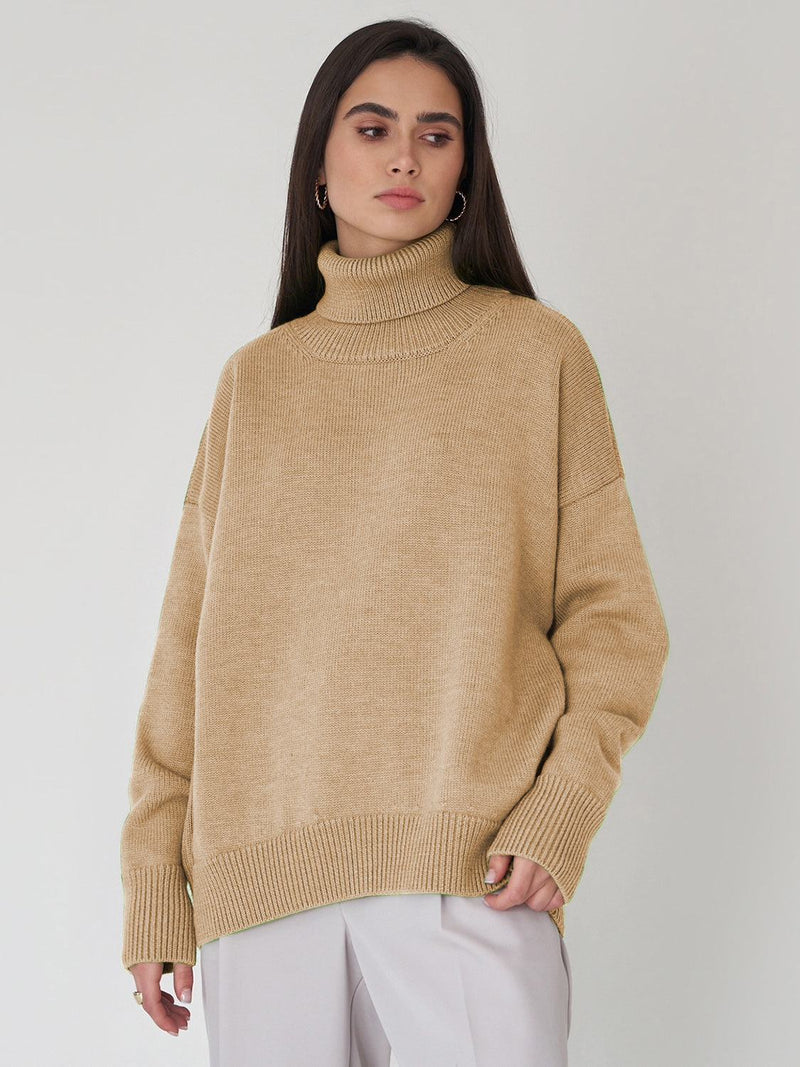 Turtleneck long sleeve sweater, basic style, slightly stretchy material, beige color.