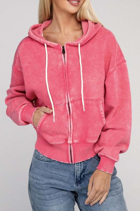 Acid wash fleece cropped zip-up hoodie with drawstring hood and pockets.