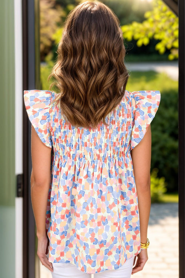 Ruffled printed notched cap sleeve blouse, colorful pattern, women's fashion.