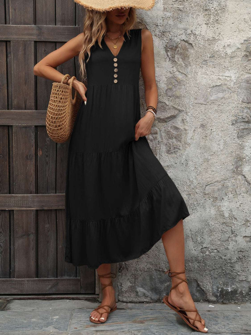 Ivy Lane Decorative Button Notched Sleeveless Dress in black, 100% cotton, slightly stretchy, casual summer style.