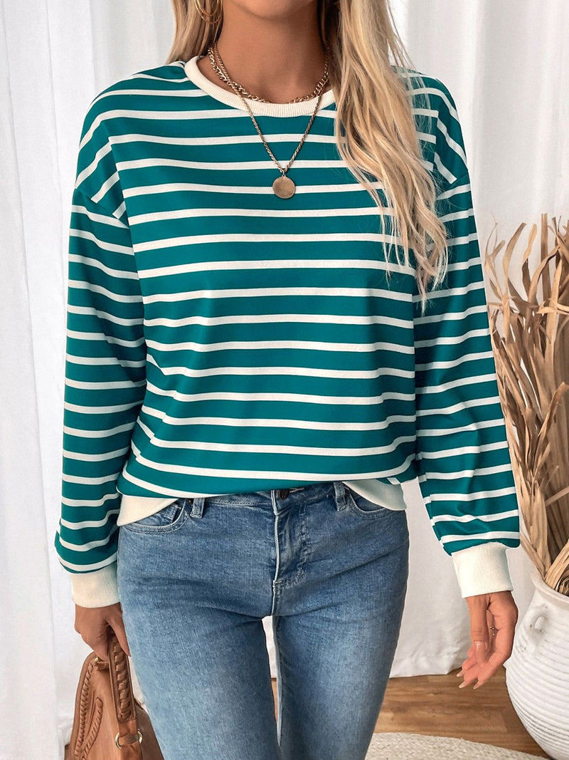 Perfee striped contrast round neck long sleeve sweatshirt in teal and white.