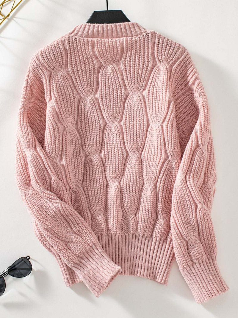 Round neck dropped shoulder sweater with basic style and slight stretch.