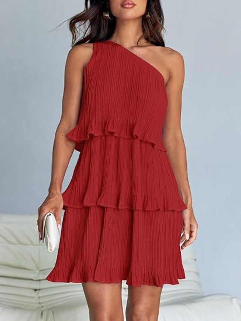 Layered single shoulder mini dress with ruffled design in red.