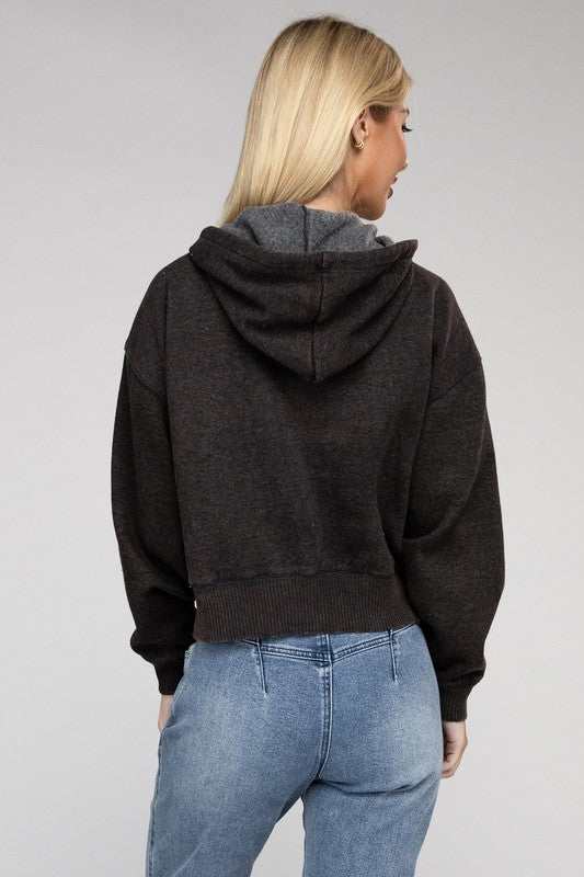 Acid Wash Fleece Cropped Zip-Up Hoodie with Drawstring Hood and Pockets, Rear View