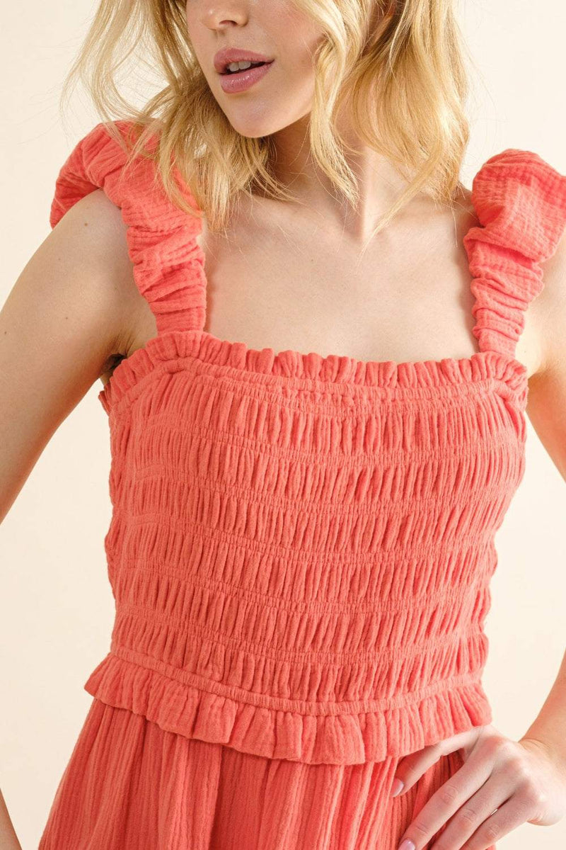 Smocked Ruffled Tiered Dress with ruched bodice and frill details.