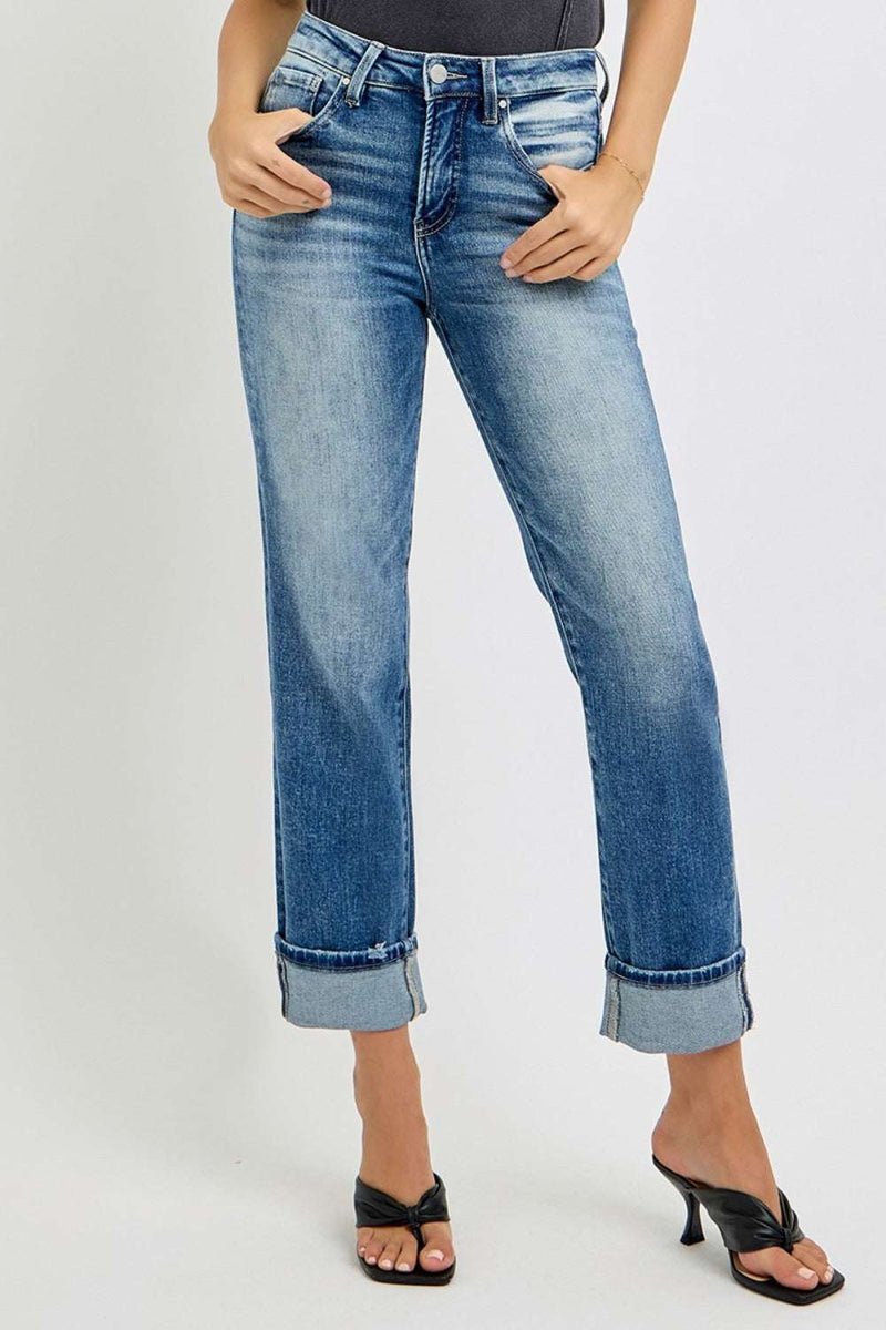 RISEN full size high rise crop straight roll up jeans with classic wash and straight leg silhouette.